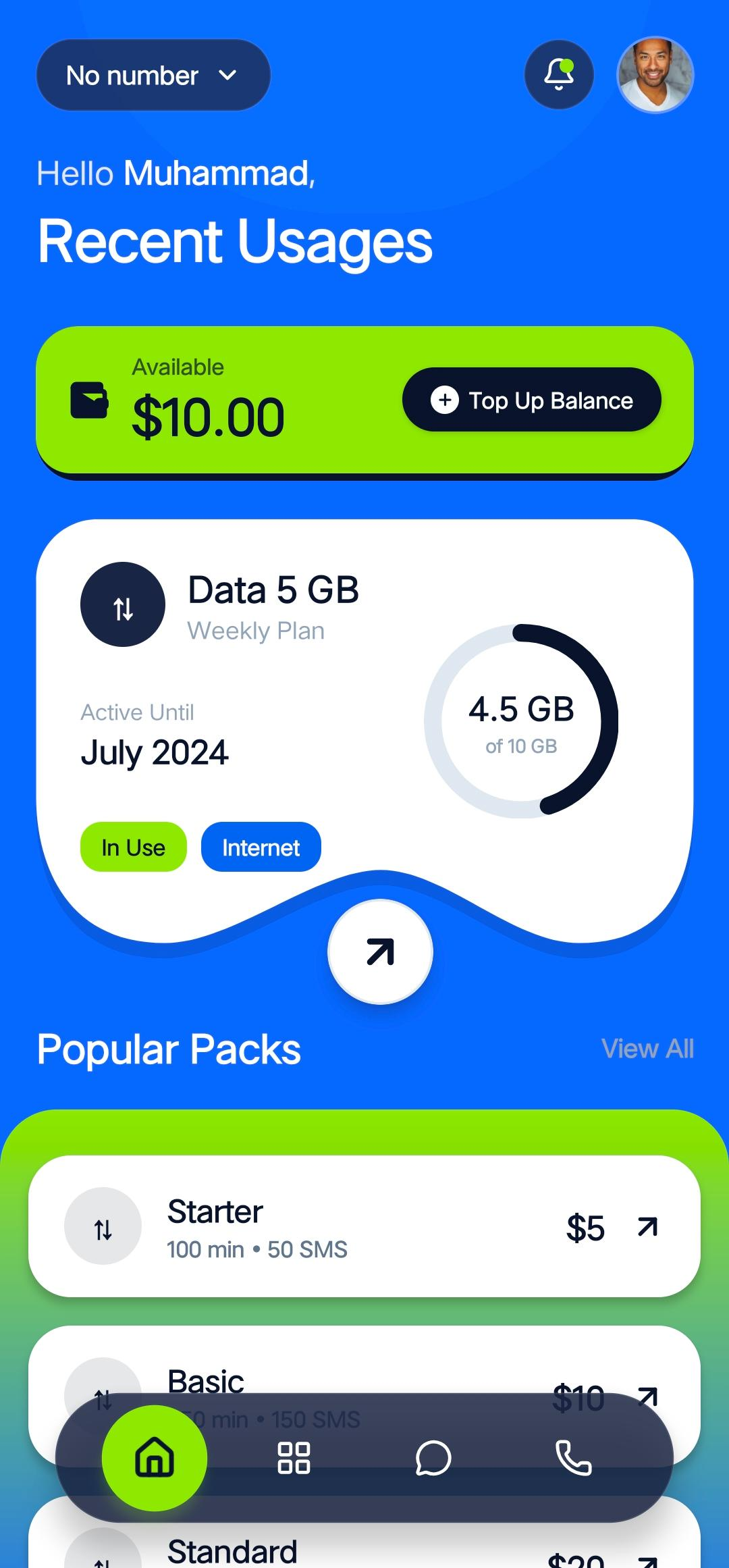 Alo app showing balance, data usage, and popular packs